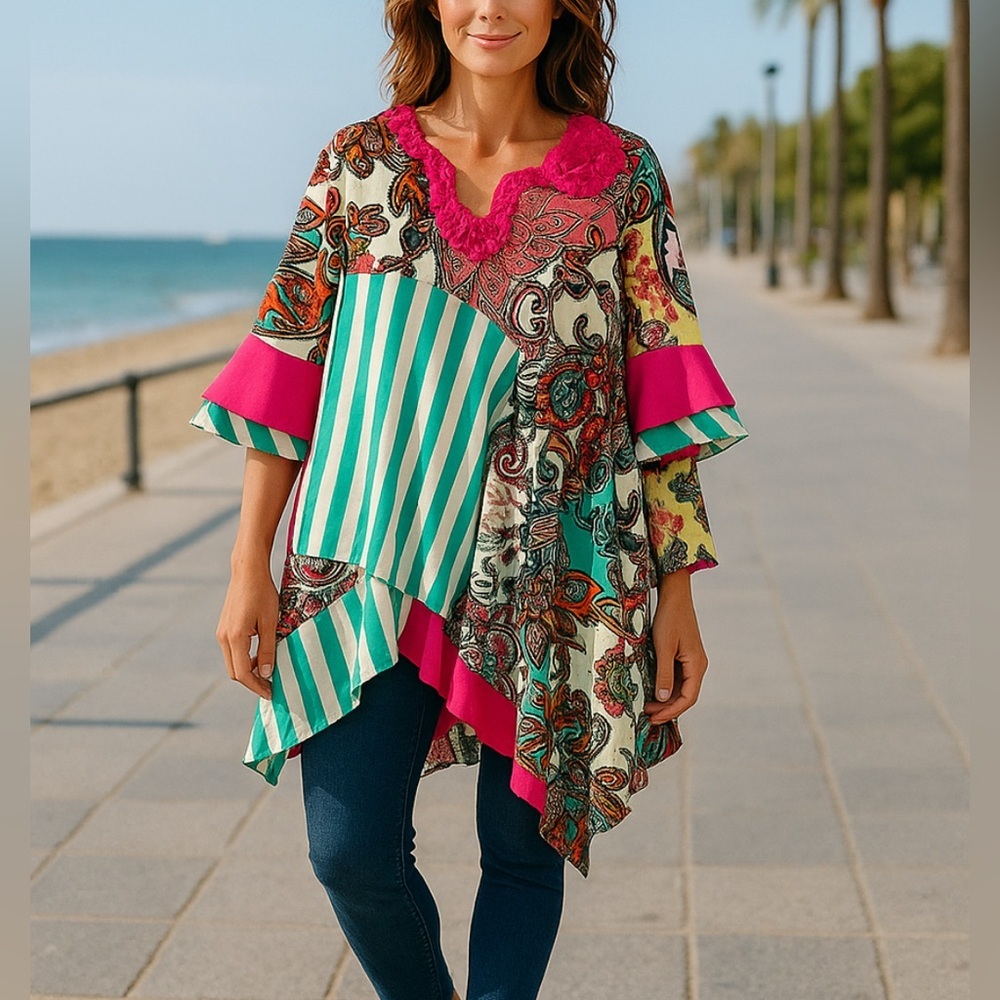 Pins & Needles Patchwork Soft Stretch Retro Ruffle‎ Sleeve Tunic  Medium